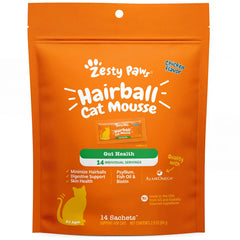Zesty Paws Hairball Cat Mousse tube close-up shows easy squeeze for quick treats