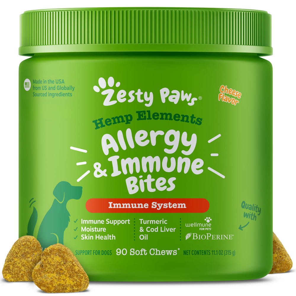 Zesty Paws Hemp Allergy Immune Bites packaging shows cheese-flavored dog chews for immune support.