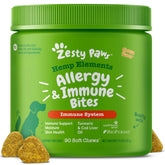 Zesty Paws Hemp Allergy Immune Bites packaging shows cheese-flavored dog chews for immune support.