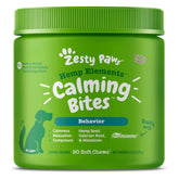 Zesty Paws Hemp Calming Chews bottle pour eases travel anxiety for dogs.