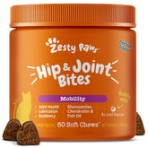 Zesty Paws Hip & Joint Bites cat bottle showing soft chews for mobility