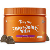 Zesty Paws Hip & Joint bottle shows bacon-flavored chews for mobility.