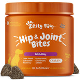 Zesty Paws hip and joint chews in bacon flavor support dogs' mobility.