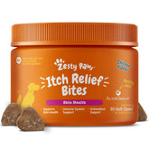 Zesty Paws Itch Relief dog chews label highlighting ingredients for itchy skin support.