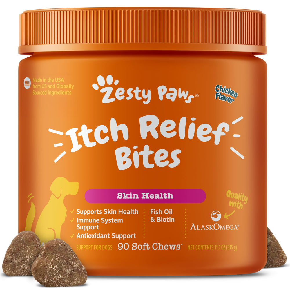 Zesty Paws Itch Relief bottle front shows omega-3 chews for skin support.