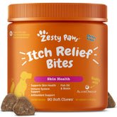Zesty Paws Itch Relief bottle front shows omega-3 chews for skin support.