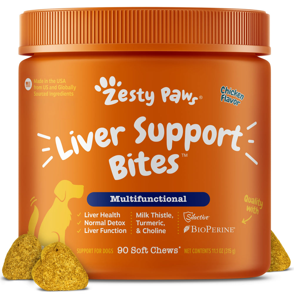 Zesty Paws Liver Support Bites bottle shows easy-to-serve chews for daily liver support.