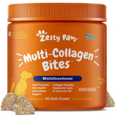 Zesty Paws Multi Collagen Soft Chews bottle pouring, highlighting joint support potential.