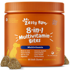 Zesty Paws multivitamin packaging highlights peanut butter flavor for daily dog wellness.