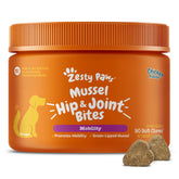Zesty Paws Mussel Mobility Bites bottle showing convenient packaging for joint support