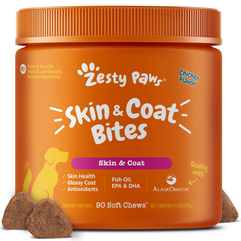 Zesty Paws Omega 3 Alaskan Fish Oil chews in pack image offering daily joint support.
