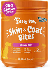 Zesty Paws Omega-3 dog chews bottle for easy daily omega benefits for skin and joints