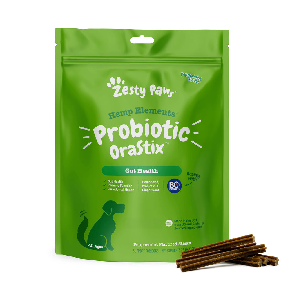 Zesty Paws OraStix packaging displays 25oz dog probiotics for daily use.