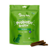 Zesty Paws OraStix packaging displays 25oz dog probiotics for daily use.