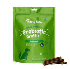 Zesty Paws OraStix packaging displays 25oz dog probiotics for daily use.