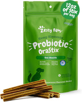 Zesty Paws Orastix packaging for dogs highlights a tasty probiotic stick with dental and gut benefits.