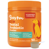 Zesty Paws Probiotic Dental Powder bottle pour supports daily oral care for dogs.