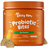 Zesty Paws Probiotics dog bites pack label highlights digestive support for dogs.
