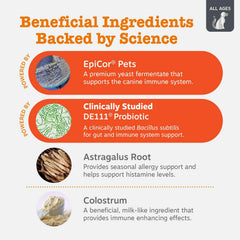 Zesty Paws Vet Strength probiotic chews ingredients close-up for gut health.