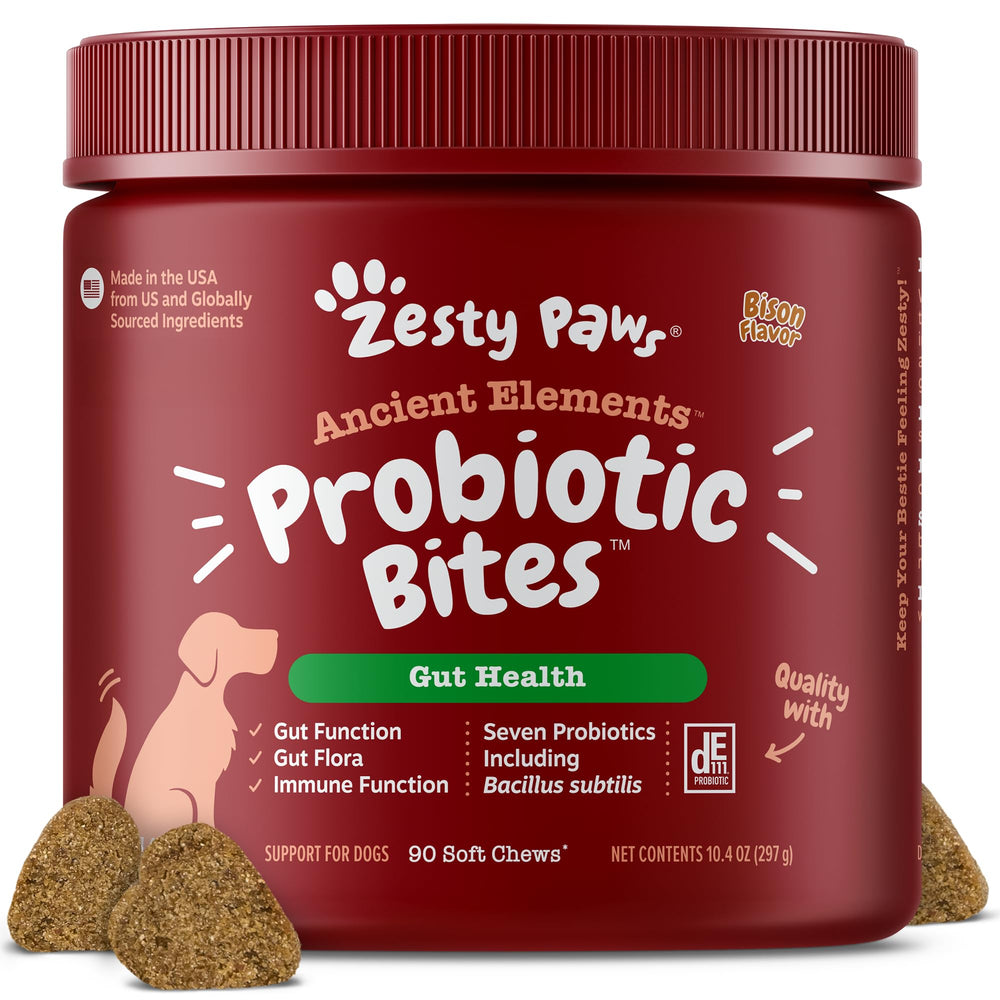 Zesty Paws DE111 bottle showing canine probiotic chews for gut health