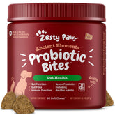 Zesty Paws DE111 bottle showing canine probiotic chews for gut health