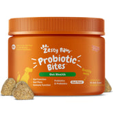 Zesty Paws Probiotics for Dogs packaging close-up, emphasizing convenient daily use