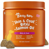 Zesty Paws Salmon Oil bottle showing omega-3 support for dogs' skin and coat.