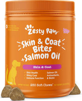 Zesty Paws Salmon Oil bottle for dogs promotes omega-3 support.