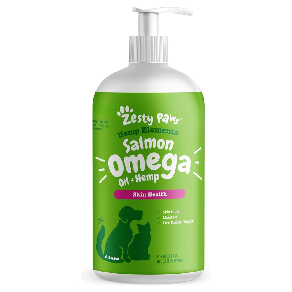 Zesty Paws Salmon Omega Oil Hemp bottle pour showing a pet-friendly supplement.