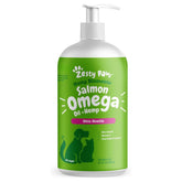 Zesty Paws Salmon Omega Oil Hemp bottle pour showing a pet-friendly supplement.