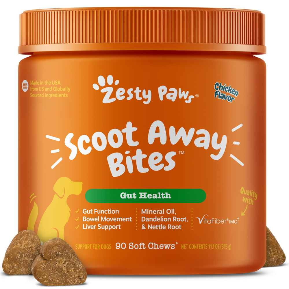 Zesty Paws Scoot Away bottle label highlights VitaFiber and Dandelion Root for gut support