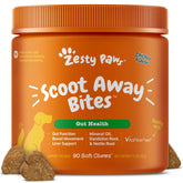 Zesty Paws Scoot Away bottle label highlights VitaFiber and Dandelion Root for gut support
