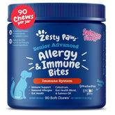 Zesty Paws Senior Allergy Immune Bites bottle front showing immune support potential.