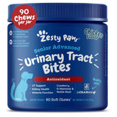 Zesty Paws Senior Cranberry chews bottle promotes urinary tract support for aging dogs.