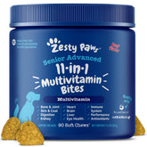 Zesty Paws Senior Dog Multivitamin bottle showcasing immune, joint, and coat benefits.