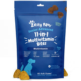 Zesty Paws Senior Dog Multivitamin Treats front label; supports senior wellness.