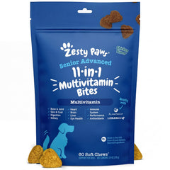 Zesty Paws Senior Dog Multivitamin Treats front label; supports senior wellness.