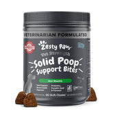 Zesty Paws Solid Poop Support Bites packaging showing pumpkin and probiotic blend for gut health.