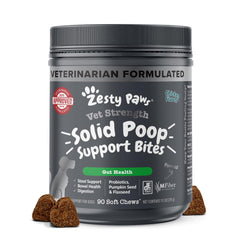 Zesty Paws Solid Poop Support Bites packaging showing pumpkin and probiotic blend for gut health.