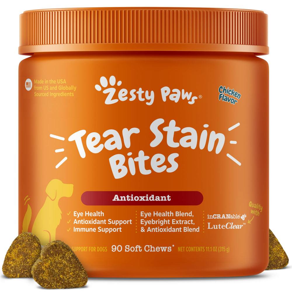 Zesty Paws Tear Stain soft chews with chicken flavor in bottle to support eye moisture