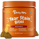 Zesty Paws Tear Stain soft chews with chicken flavor in bottle to support eye moisture