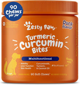 Zesty Paws bottle label for turmeric curcumin dog bites highlighting premium curcuminoids