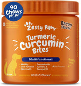 Zesty Paws Turmeric Curcumin bottle showing convenient chews for joints.