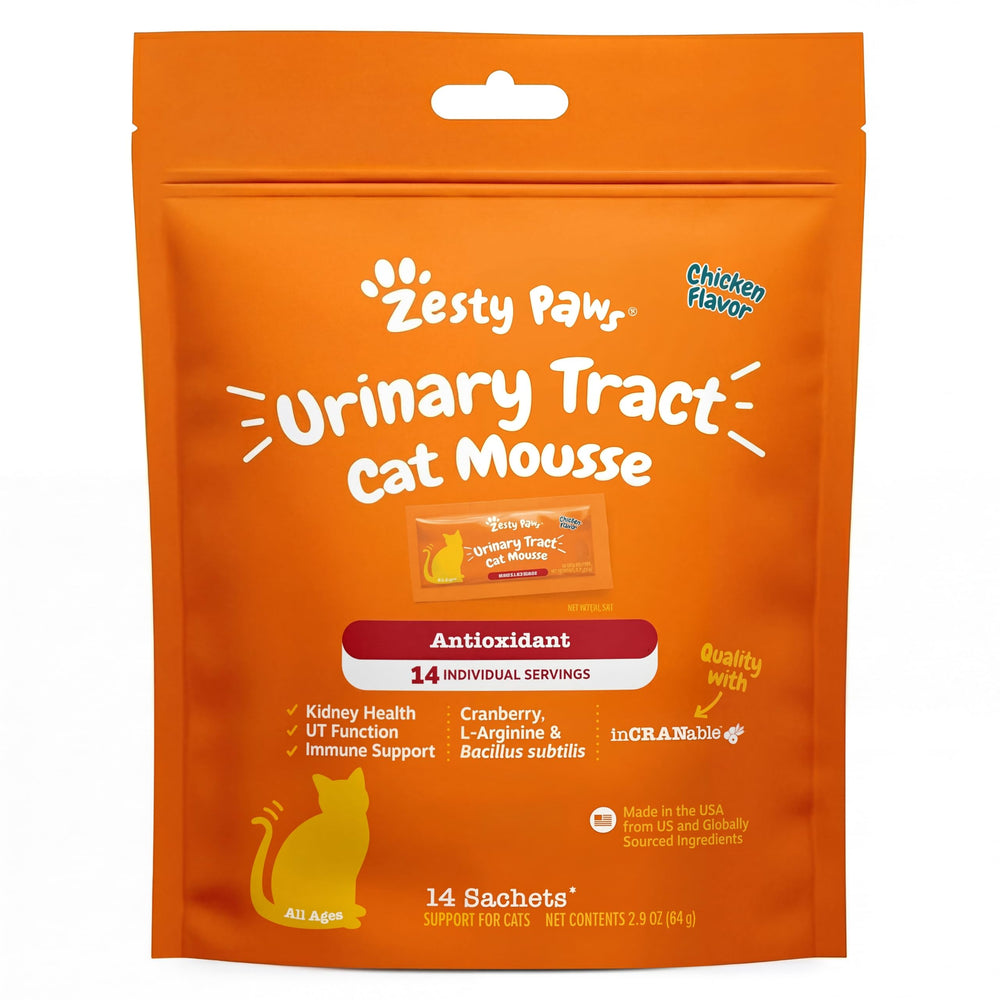 Zesty Paws Urinary Tract Cat Mousse bottle close-up for cranberry-based urinary support