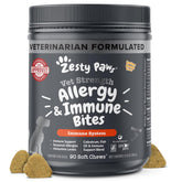 Zesty Paws Vet Strength allergy-immune bites bottle pouring for convenient immune support.