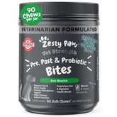 Zesty Paws Vet Strength Probiotics packaging highlights dog-friendly digestive support