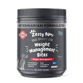 Zesty Paws Weight Management Bites pouch open showing soft chews for appetite support.