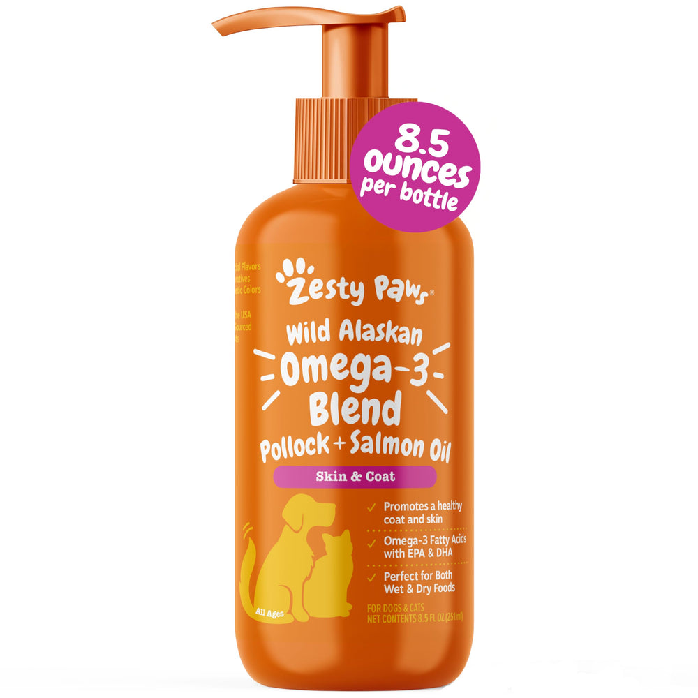 Zesty Paws omega-3 blend bottle supports coat nourishment and skin health.