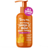 Zesty Paws omega-3 blend bottle supports coat nourishment and skin health.