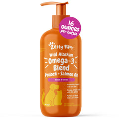 Zesty Paws Wild Alaskan Omega-3 bottle showing fish oil for pets, supports a shiny coat.